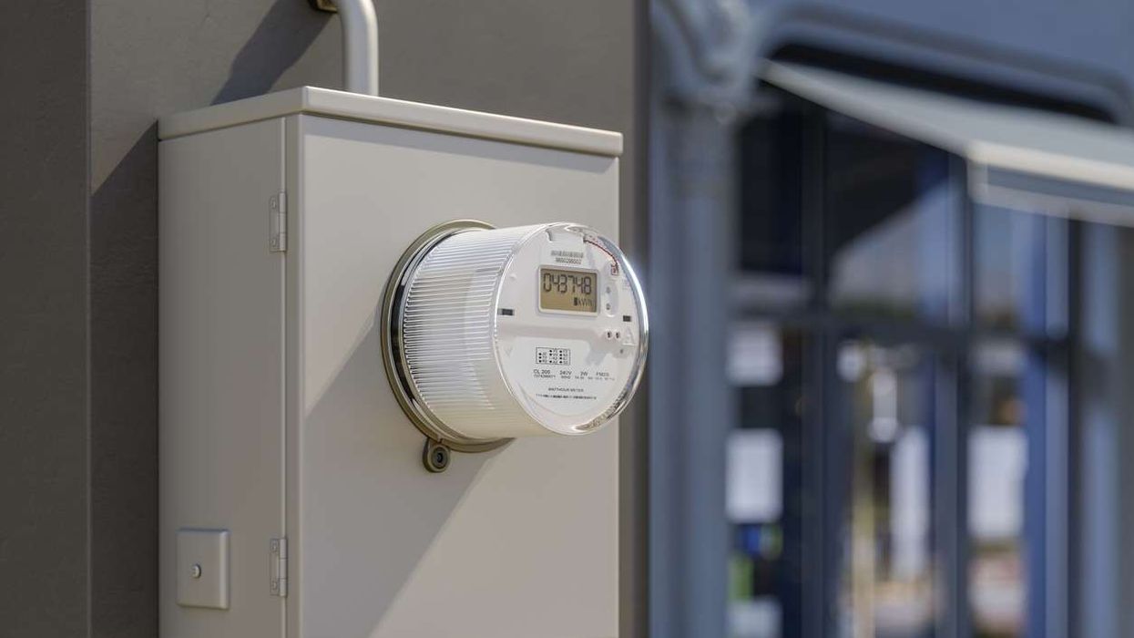 Electric Meter On Building Facade With Blurred Store Window