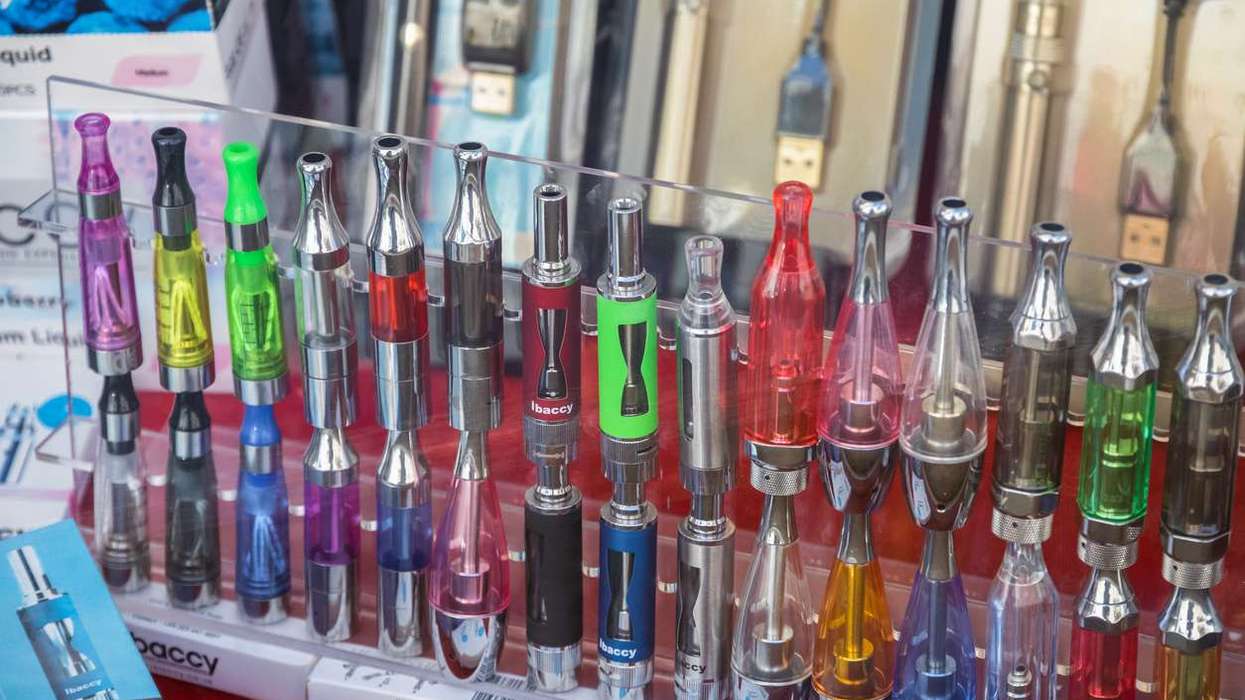 Electronic cigarettes displayed at window of a vape shop in central London