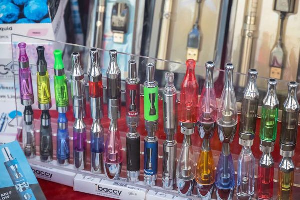 Electronic cigarettes displayed at window of a vape shop in central London