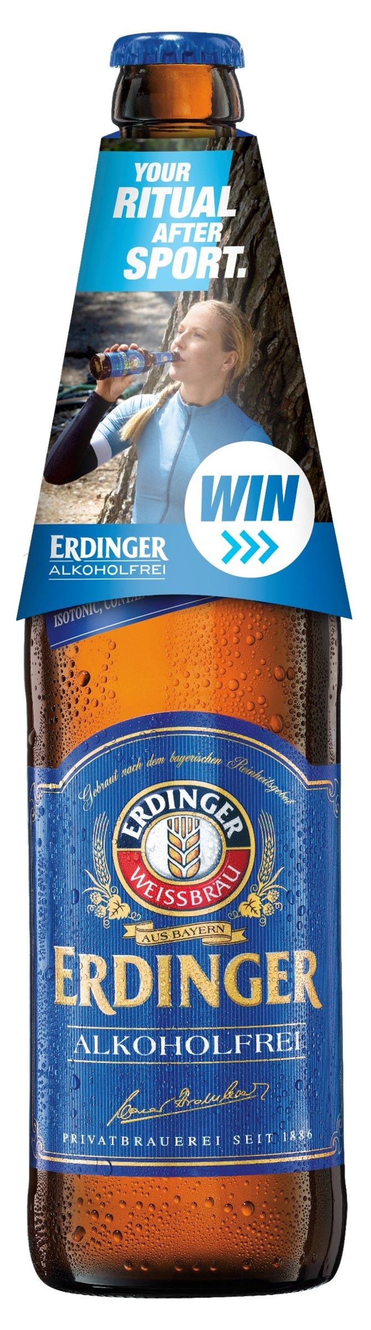 ERDINGER Alkoholfrei neck collar promo with prizes including bike, smartwatch, and wetsuit