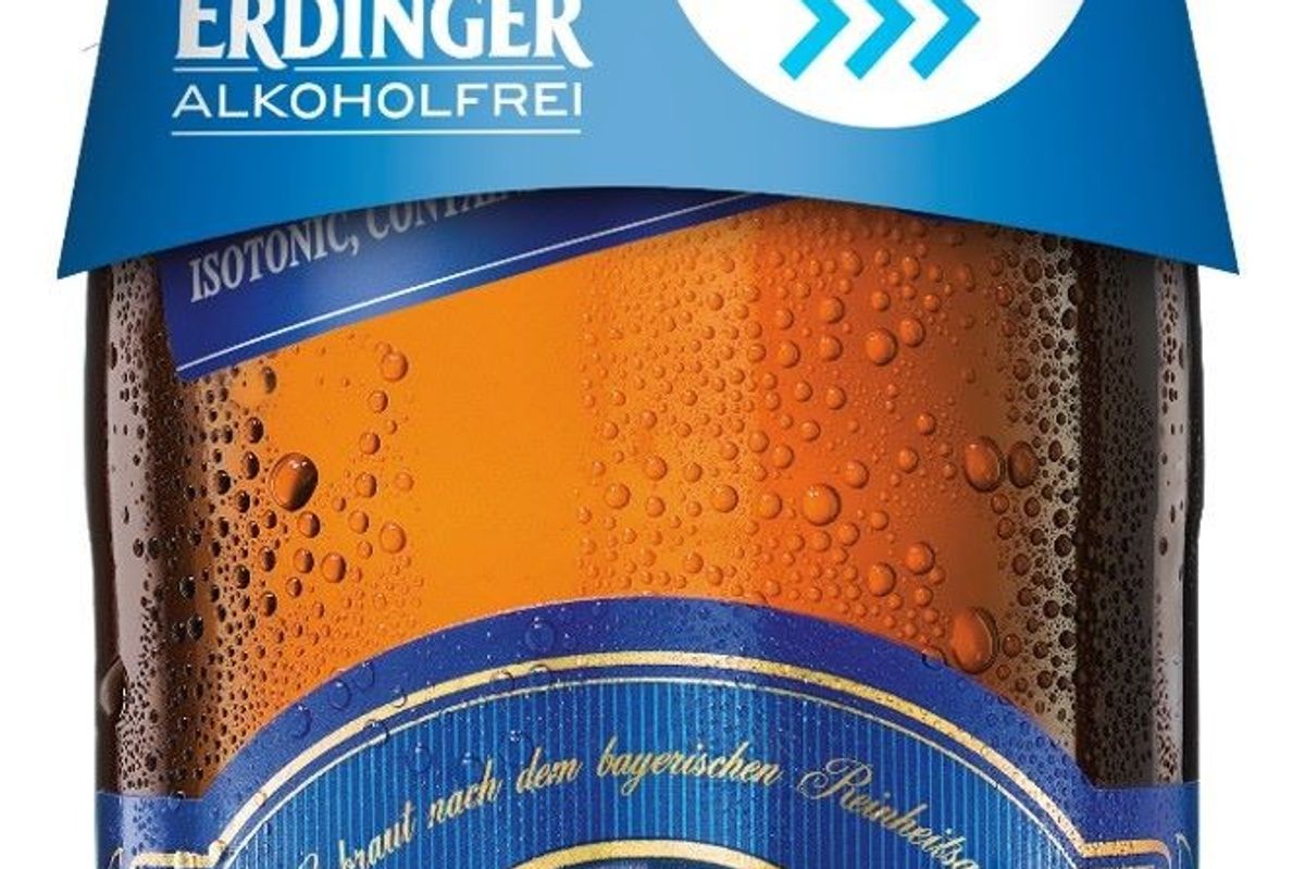 ERDINGER Alkoholfrei neck collar promo with prizes including bike, smartwatch, and wetsuit