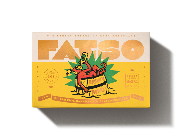 FATSO Drunk’n Monkey dark chocolate bar with banana and rum chips