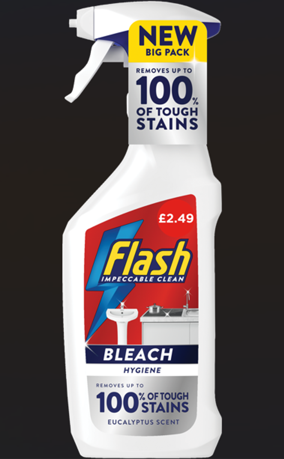 Flash Impeccable Clean Bleach Hygiene spray bottle with eucalyptus scent, priced at \u00a32.49, labeled as a new big pack that removes up to 100% of tough stains.