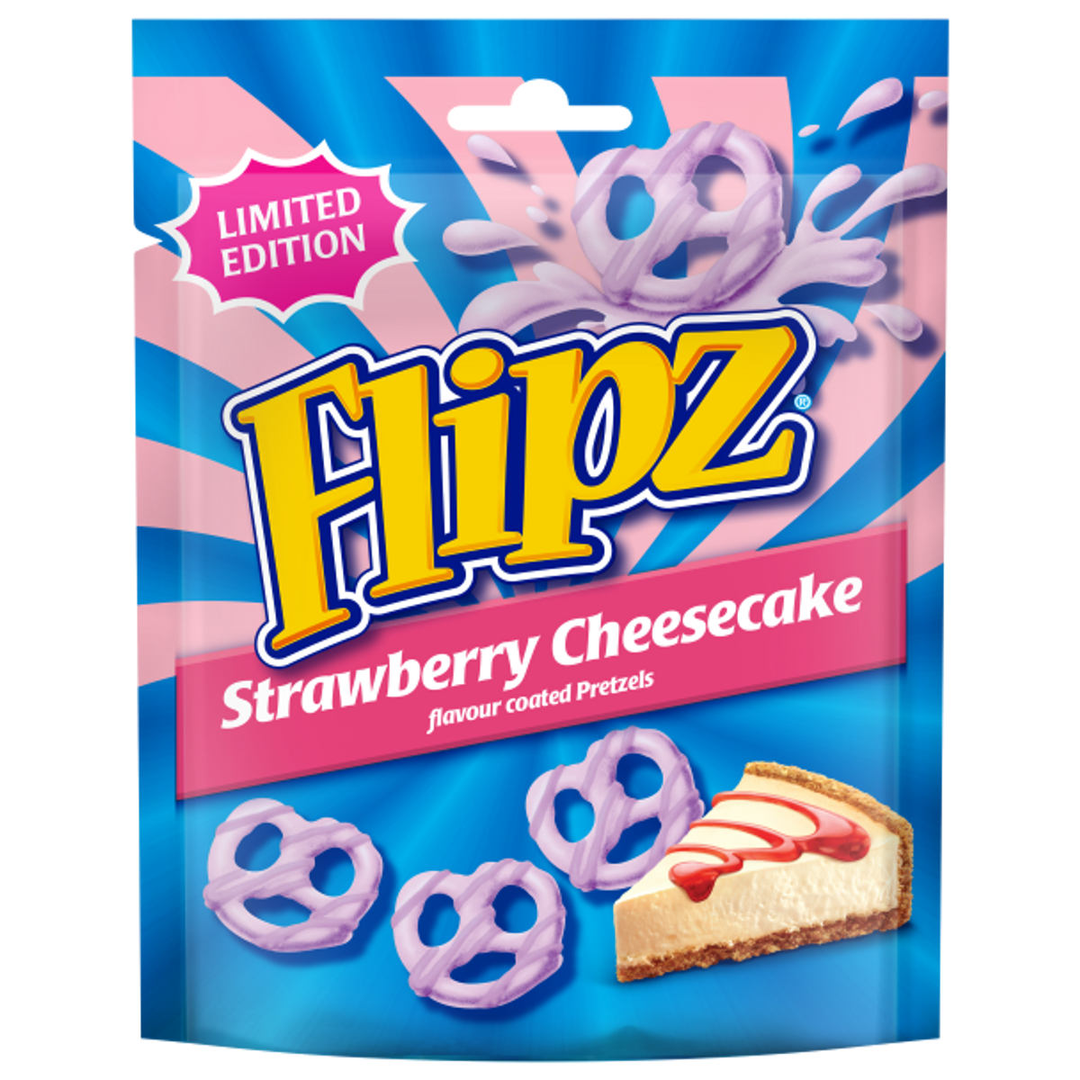 Flipz Strawberry Cheesecake Flavour pack featuring coated pretzels in limited edition pouch