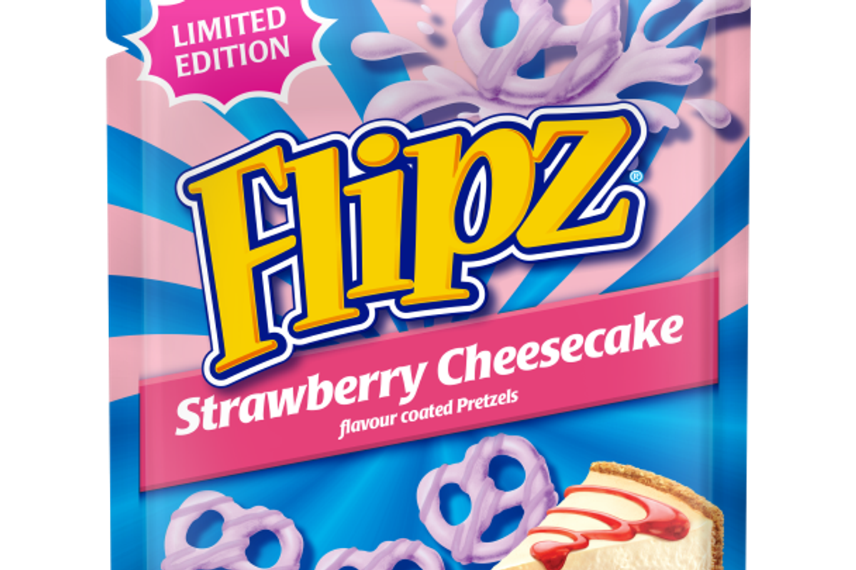 Flipz Strawberry Cheesecake Flavour pack featuring coated pretzels in limited edition pouch