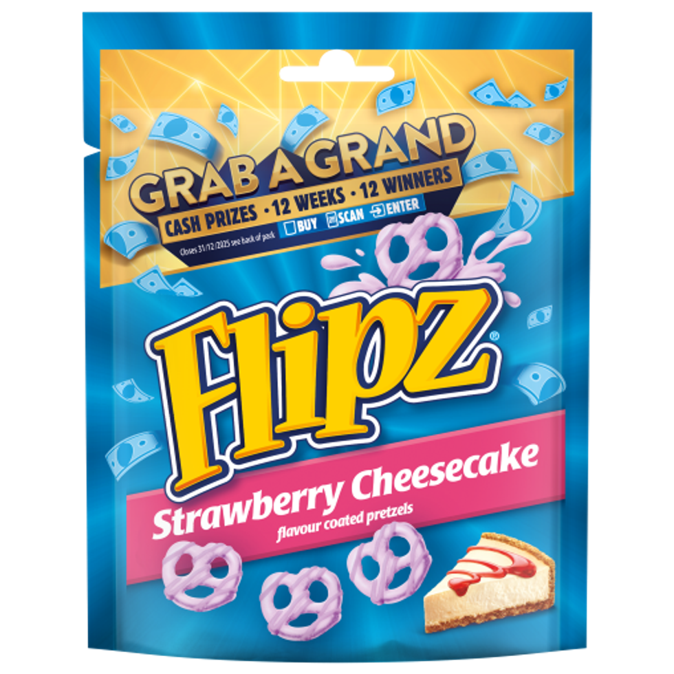 Flipz Strawberry Cheesecake pretzel pack with promo banner and dessert-inspired coating