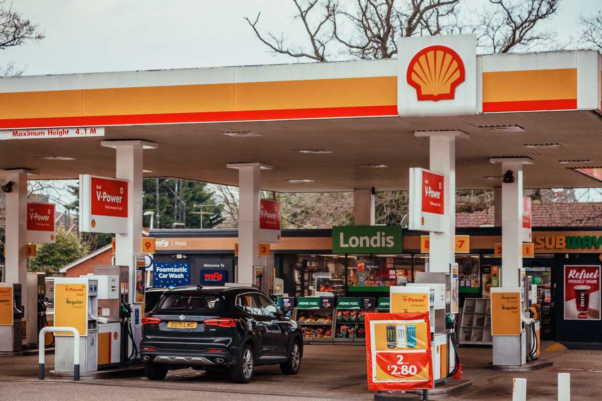 forecourt of a Shell petrol station in Crawley, England