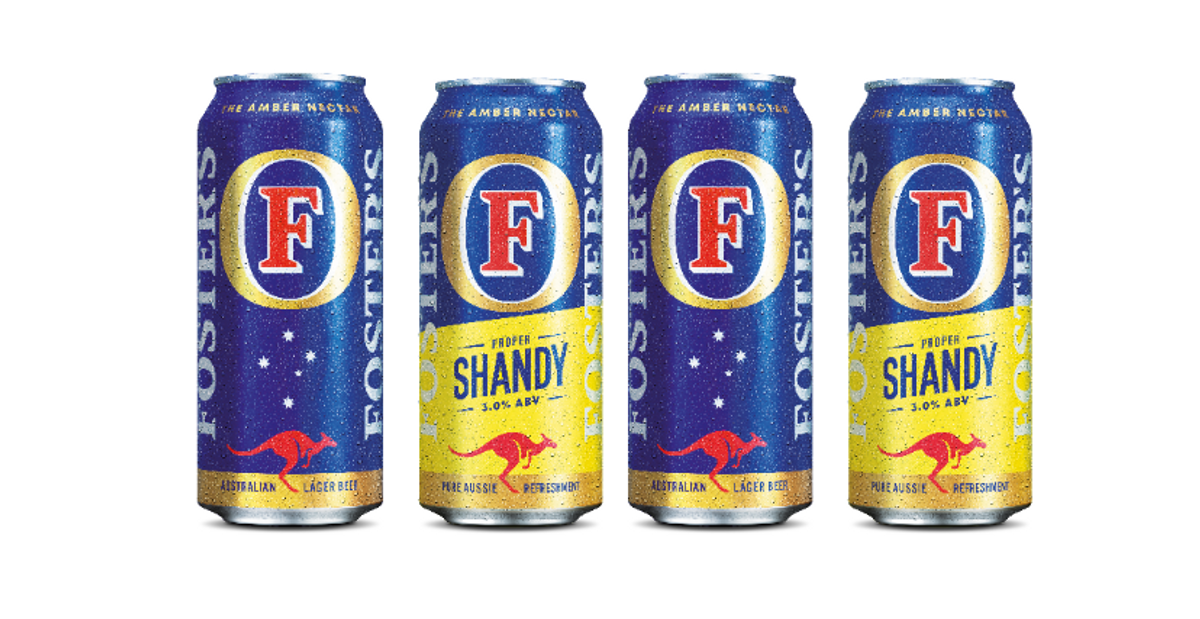 Foster’s 2025 proudly Aussie rebranded can with red kangaroo and amber nectar label