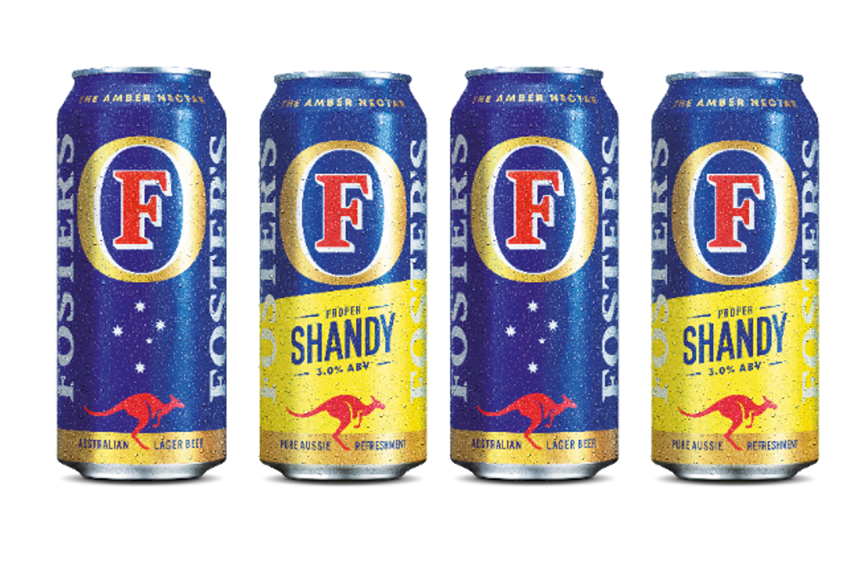 Foster’s 2025 proudly Aussie rebranded can with red kangaroo and amber nectar label