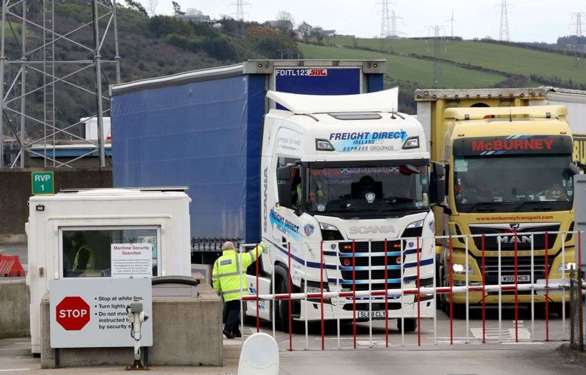 ​Freight lorries leave from Larne Port near Belfast, Northern Ireland