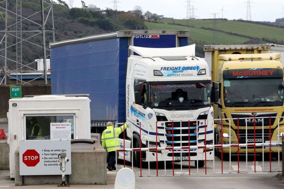 Freight lorries leave from Larne Port near Belfast, Northern Ireland