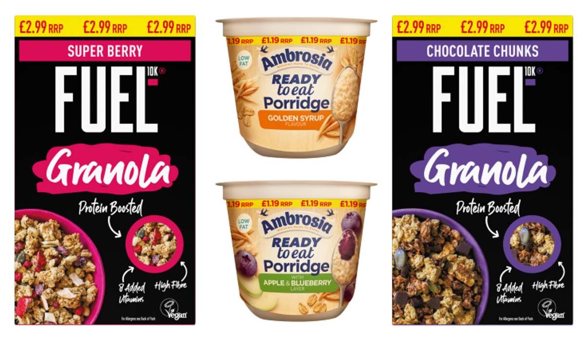 FUEL10K granola and Ambrosia porridge price-marked packs for UK convenience stores