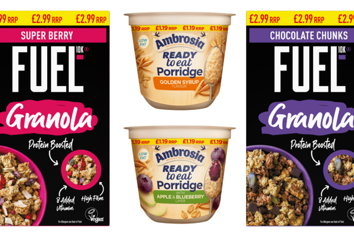 FUEL10K granola and Ambrosia porridge price-marked packs for UK convenience stores