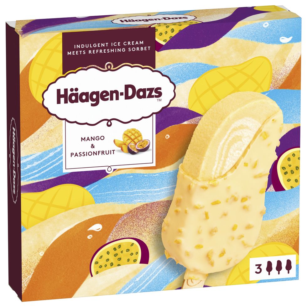 Haagen-Dazs Stick bars in Salted Caramel, Cookies & Cream, and Mango & Passionfruit flavors, showcasing the thick Belgian chocolate coating and unique cartouche shape