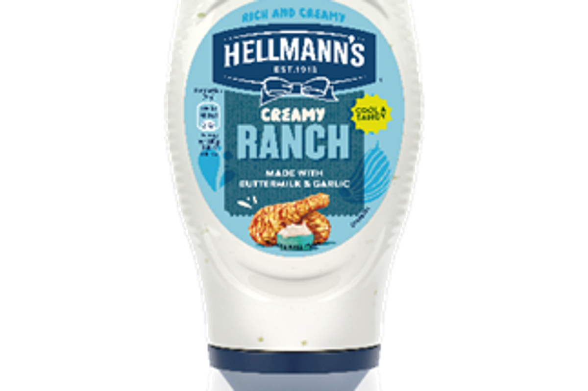 Hellmann’s Creamy Ranch dressing bottle, made with buttermilk and garlic, rich and creamy, est. 1911