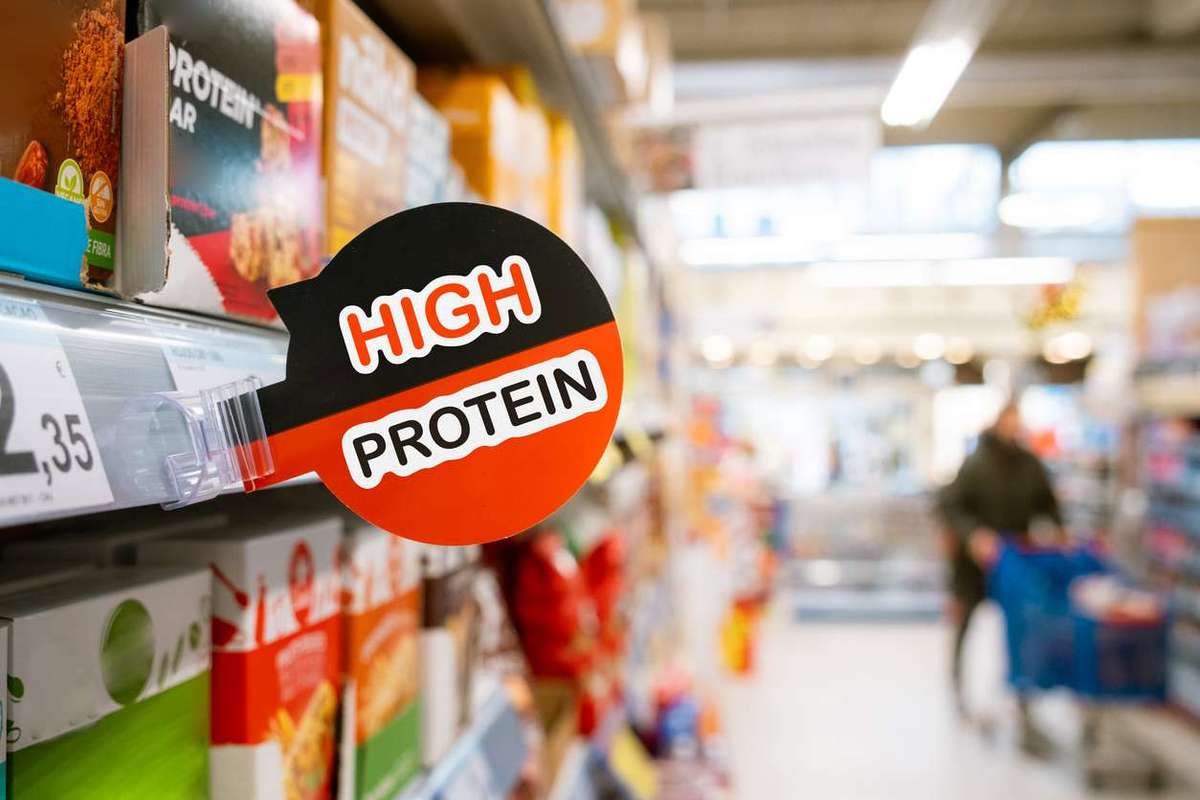 High protein sign in a supermarket