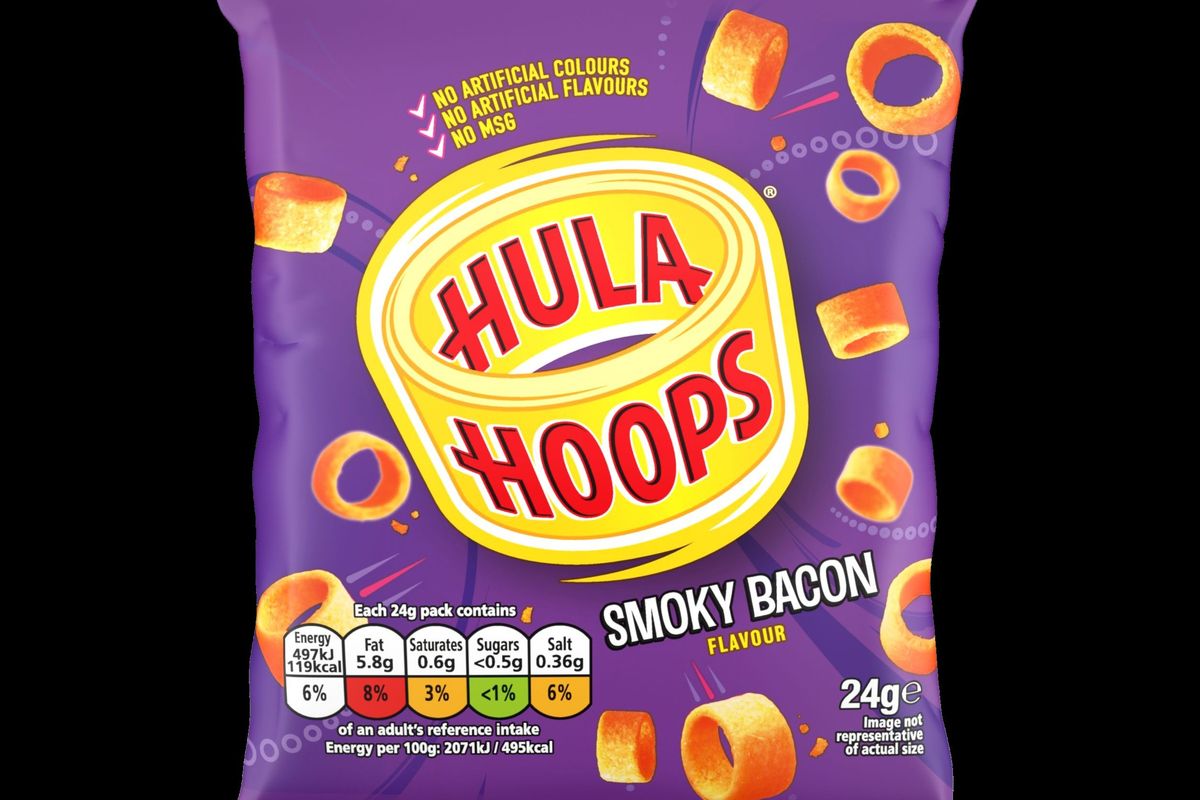 Hula Hoops Smoky Bacon 6x24g multipack on display with reduced plastic sleeve at UK supermarket