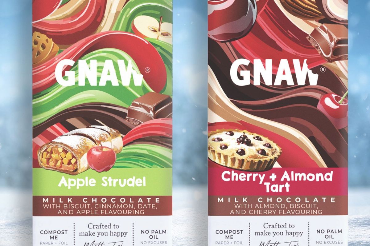 Gnaw unveils Cherry & Almond Tart and Spiced Apple Strudel chocolate bars