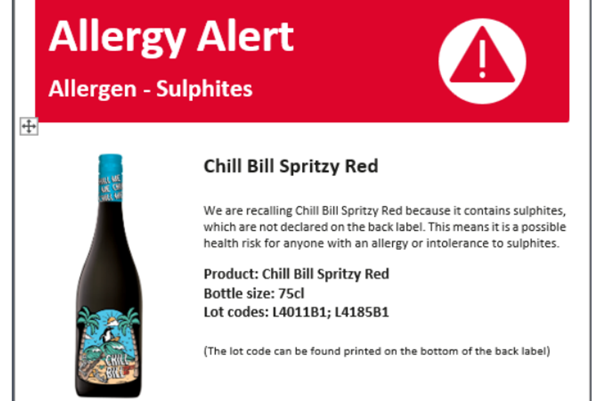 North South Wines recalls Chill Bill Spritzy Red Wine