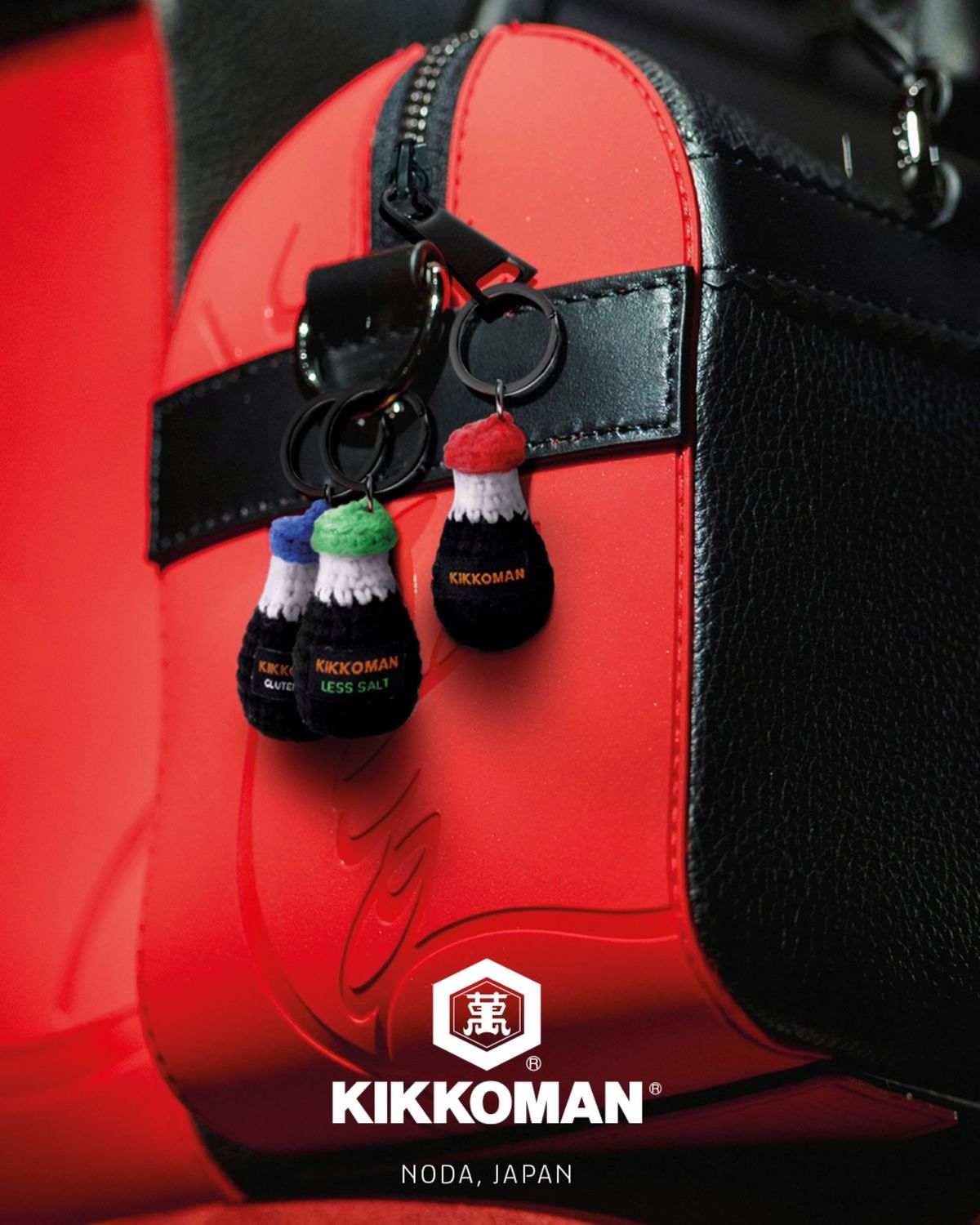 Kikkoman 150ml soy sauce bottles with free knitted keyring charm attached