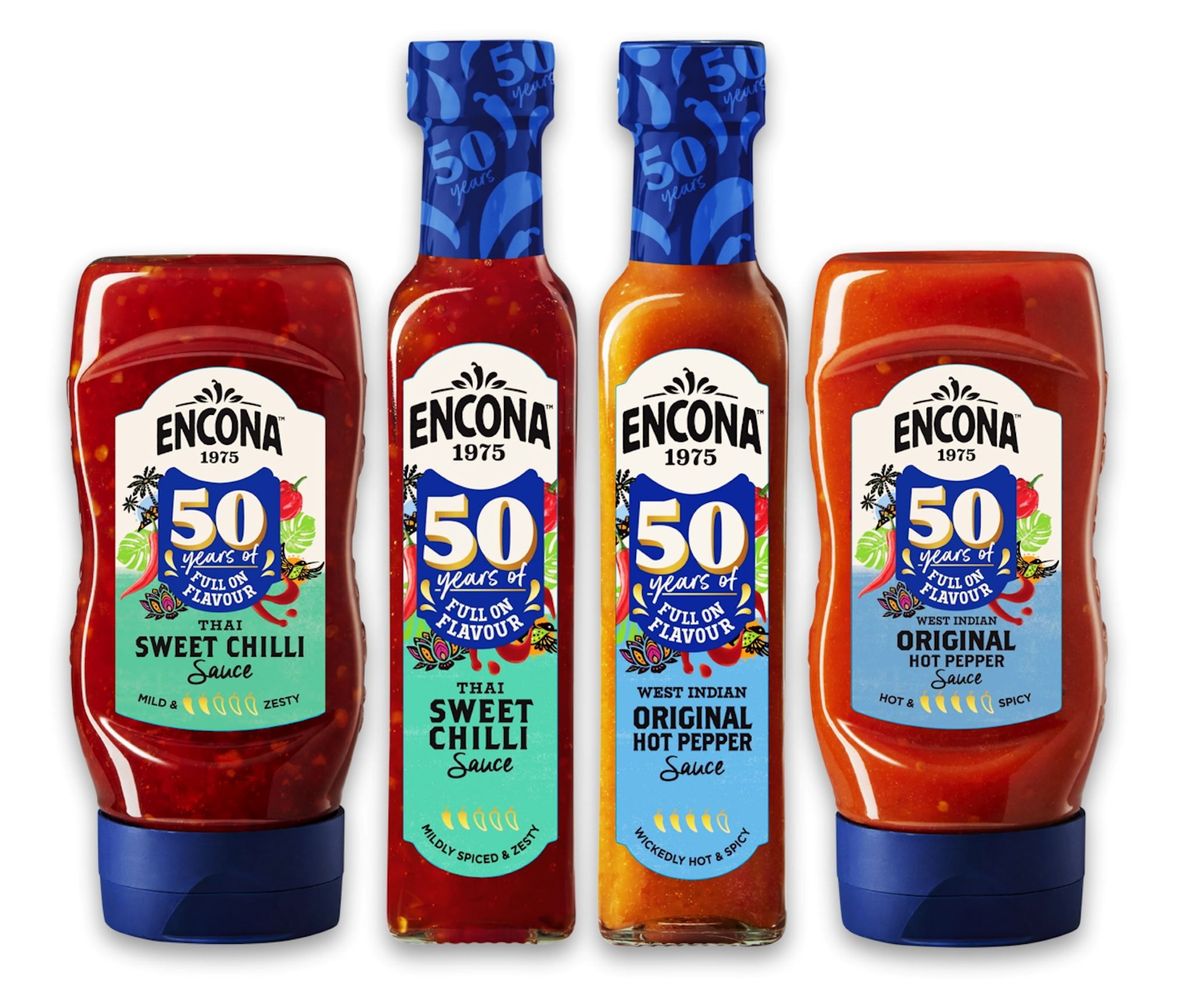 Limited-edition Encona 50th anniversary bottle with red and gold packaging in-store