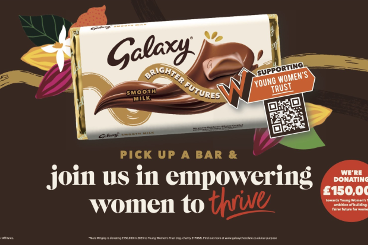 Limited edition Galaxy chocolate bar packaging with Young Women's Trust QR code donation