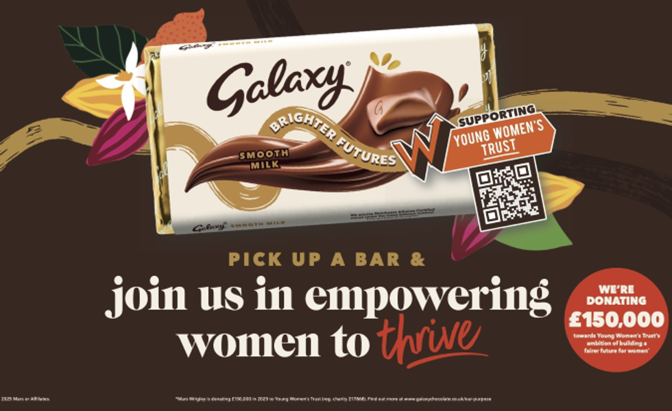 Limited edition Galaxy chocolate bar packaging with Young Women's Trust QR code donation