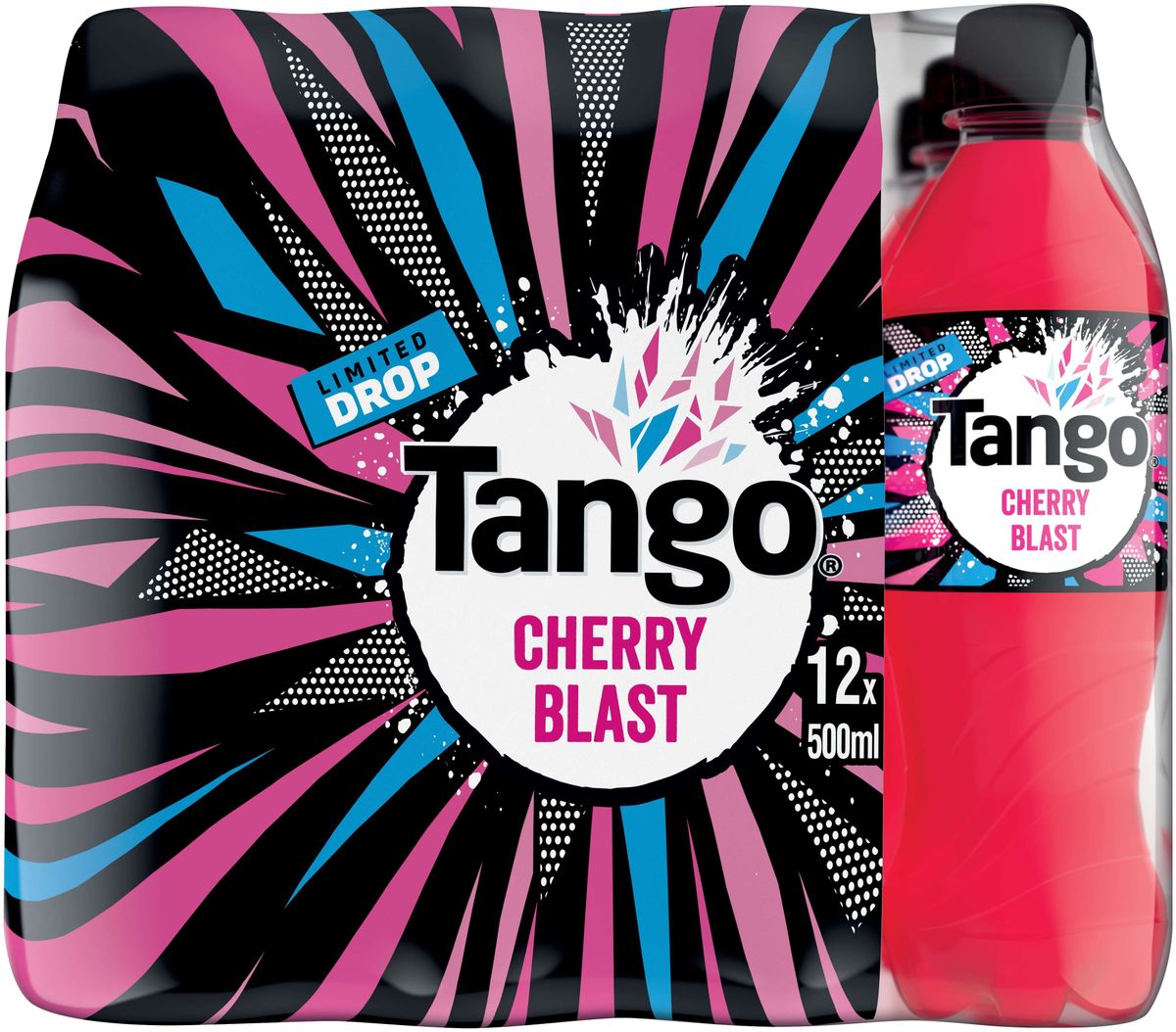 Limited edition Tango Blast 500ml cans featuring Raspberry and Cherry flavors