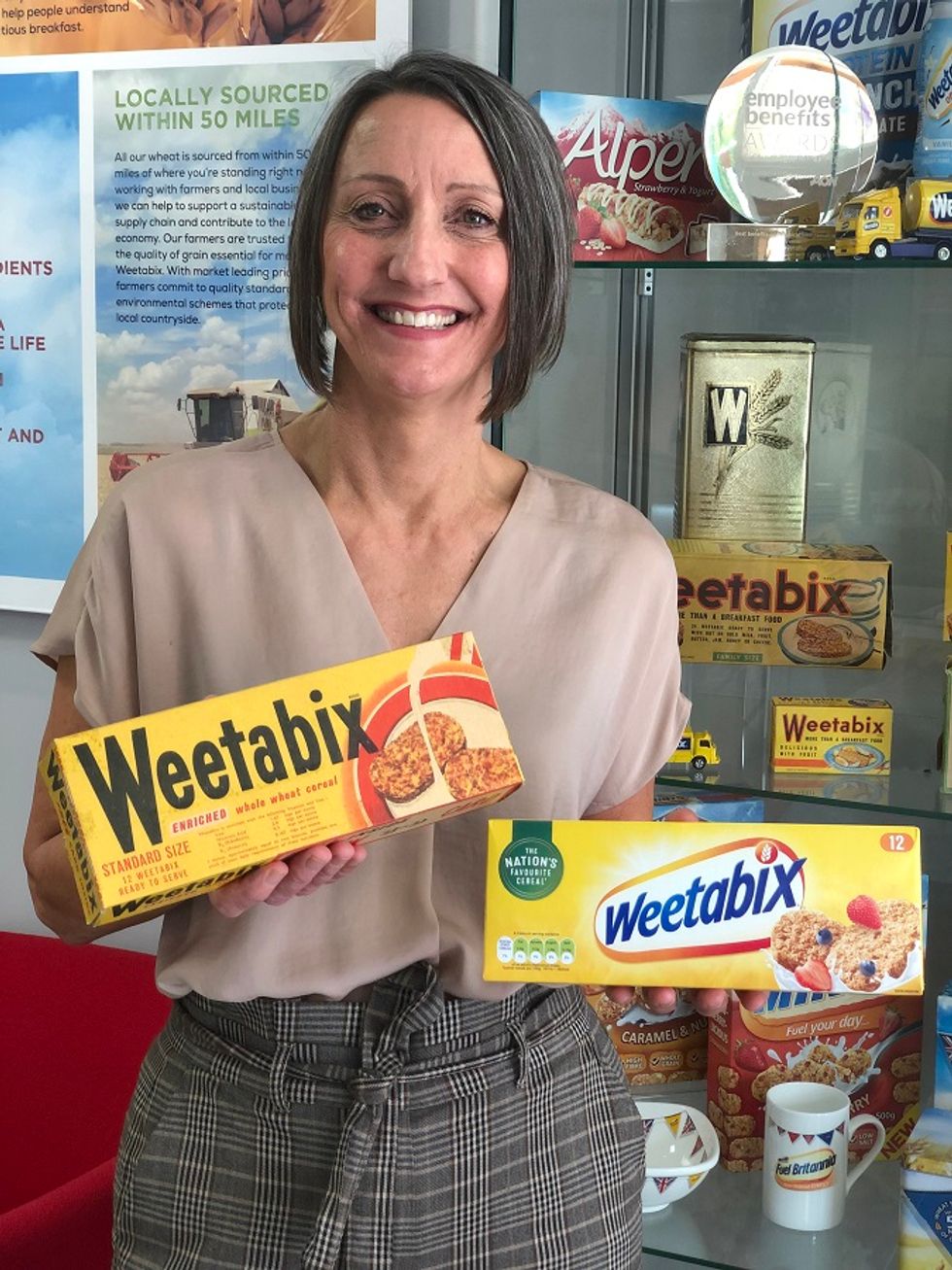 Lynn Furnival with a Weetabix Original box from the 1960s alongside a present day box