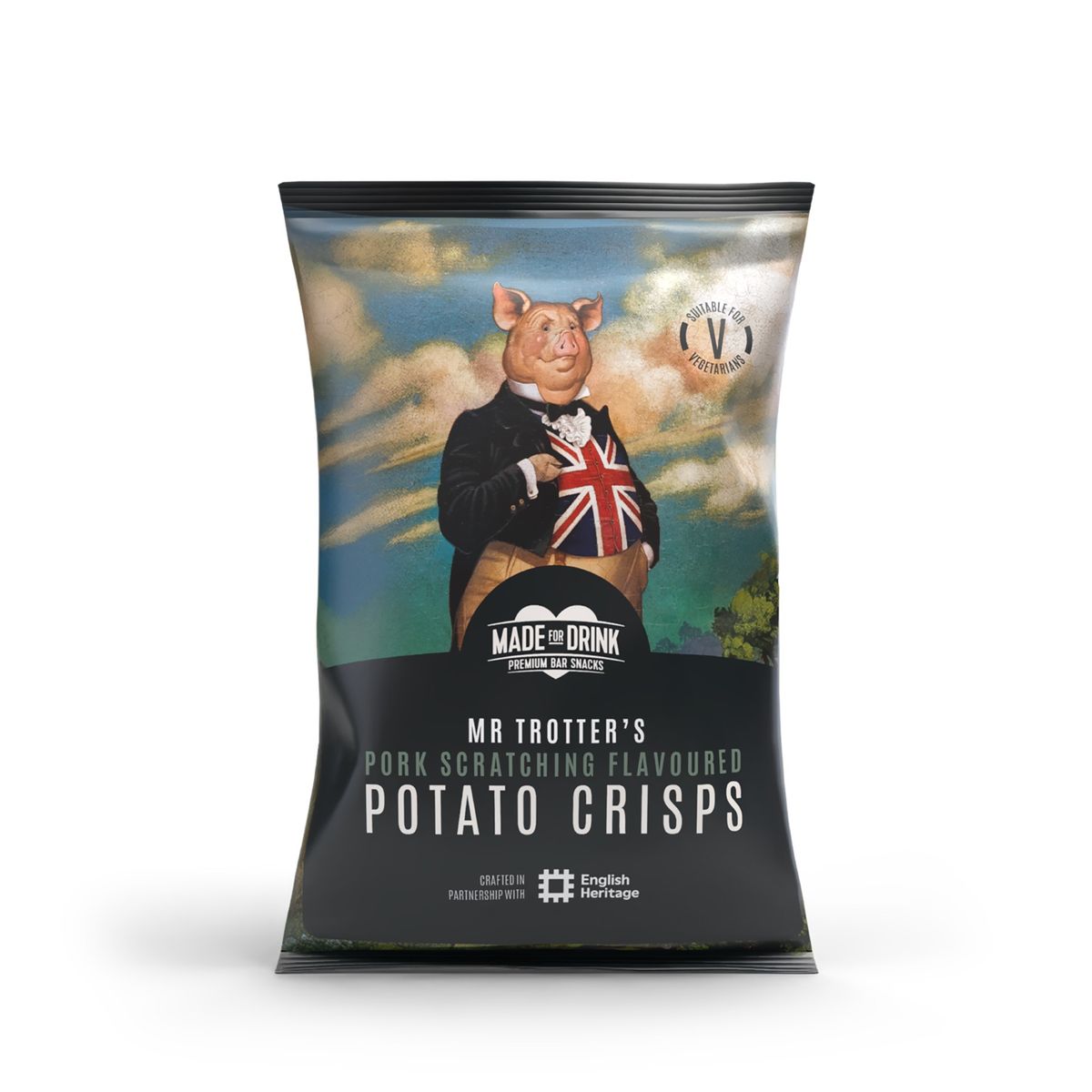 Made for Drink Mr Trotter crisps UK: Pork scratching seasoned 40g pack with English Heritage.