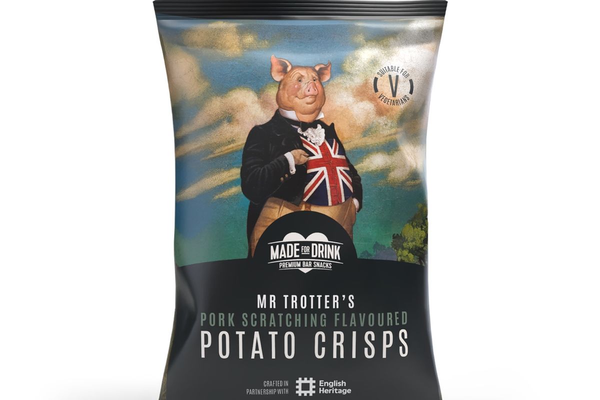 Made for Drink Mr Trotter crisps UK: Pork scratching seasoned 40g pack with English Heritage.
