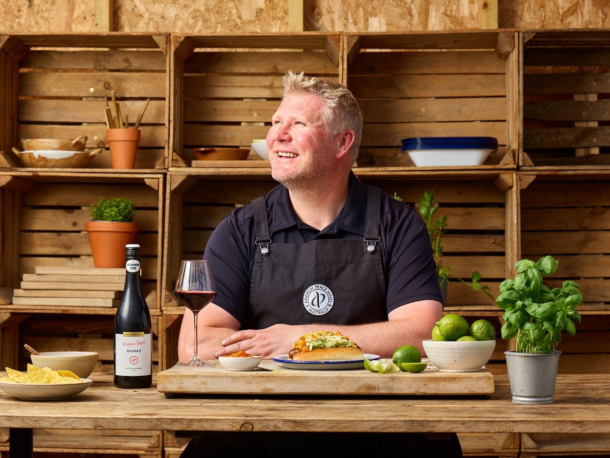 Matthew Hoggard grilling with Andrew Peace wine during Sunshine Food Tour in UK