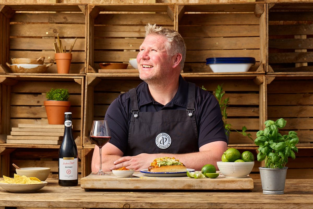 Matthew Hoggard grilling with Andrew Peace wine during Sunshine Food Tour in UK