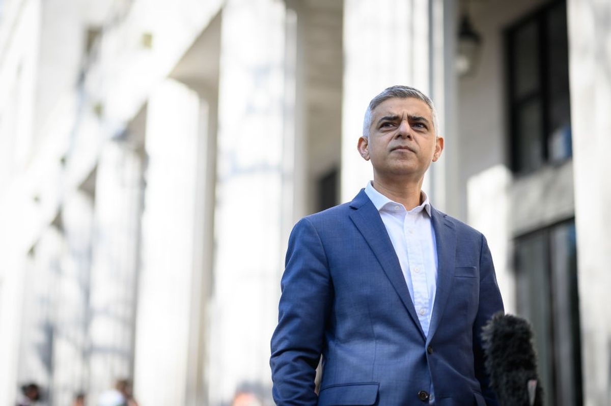 Mayor of London Sadiq Khan speaks with journalists after launching his Mayoral campaign pledge 