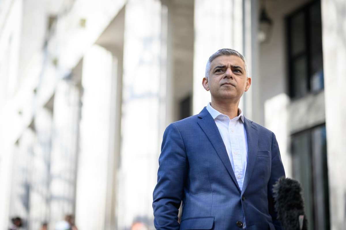 Mayor of London Sadiq Khan speaks with journalists after launching his Mayoral campaign pledge
