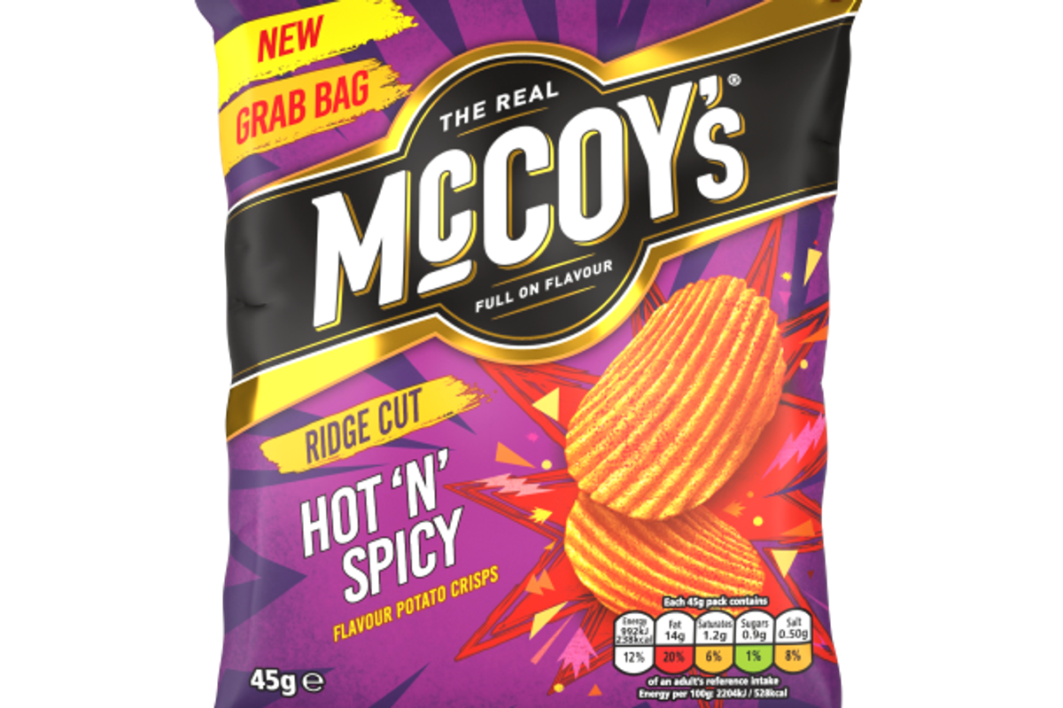 McCoy's Hot 'n' Spicy Grab Bag with fiery red packaging - 45g crispy ridges
