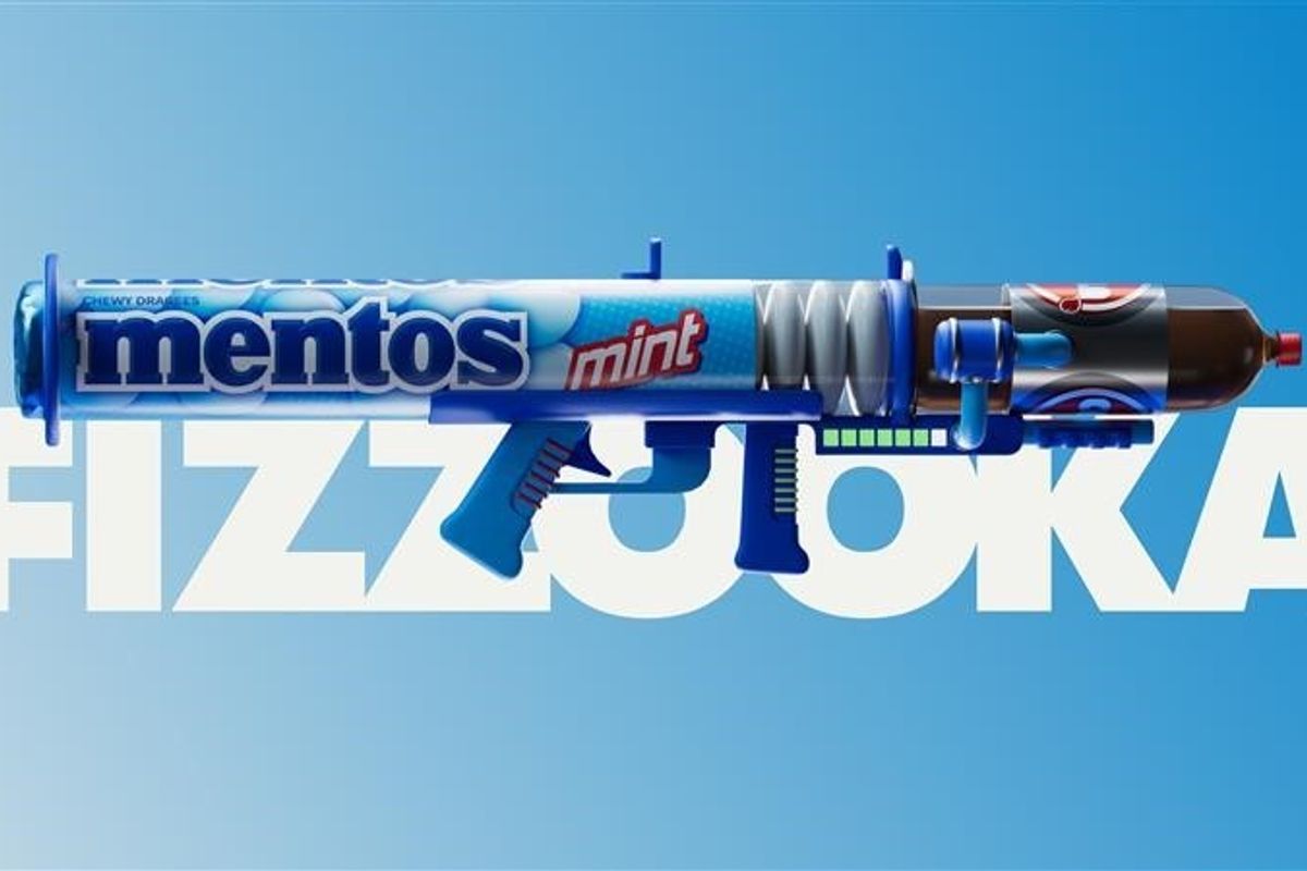 Mentos Fizzooka in Fortnite Creative map Piece Control 2v2, showcasing the branded rocket launcher for Gen Z gamers in 2025