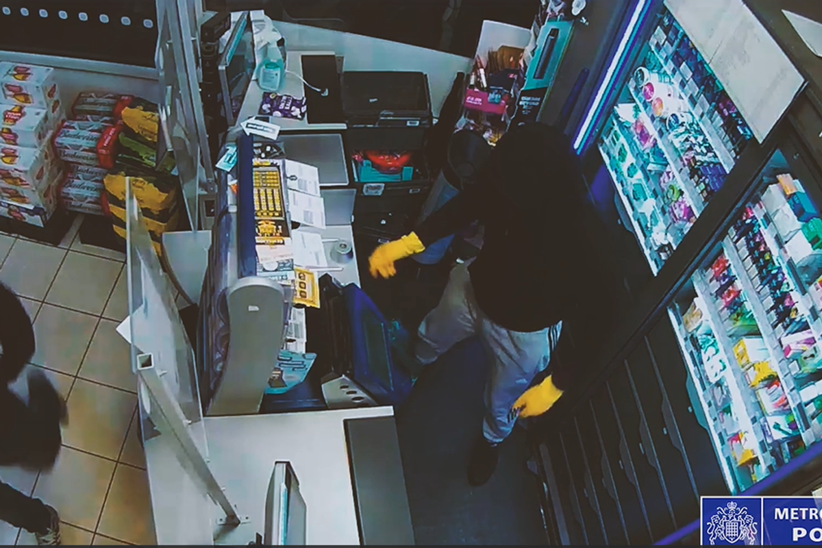 Met Police officers arrest two shoplifters at a Co-Op in Hackney, captured on CCTV, reflecting the 2025 crackdown on prolific retail crime.