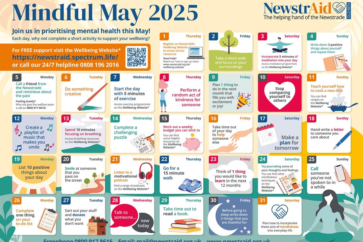 Mindful May 2025 calendar by NewstrAid offers free daily mental wellbeing activities