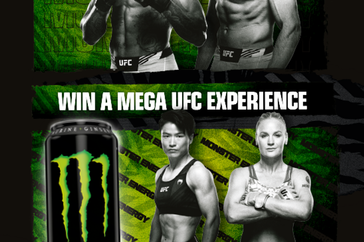 Monster Energy UFC promo display with QR code in a UK store, 2025 campaign