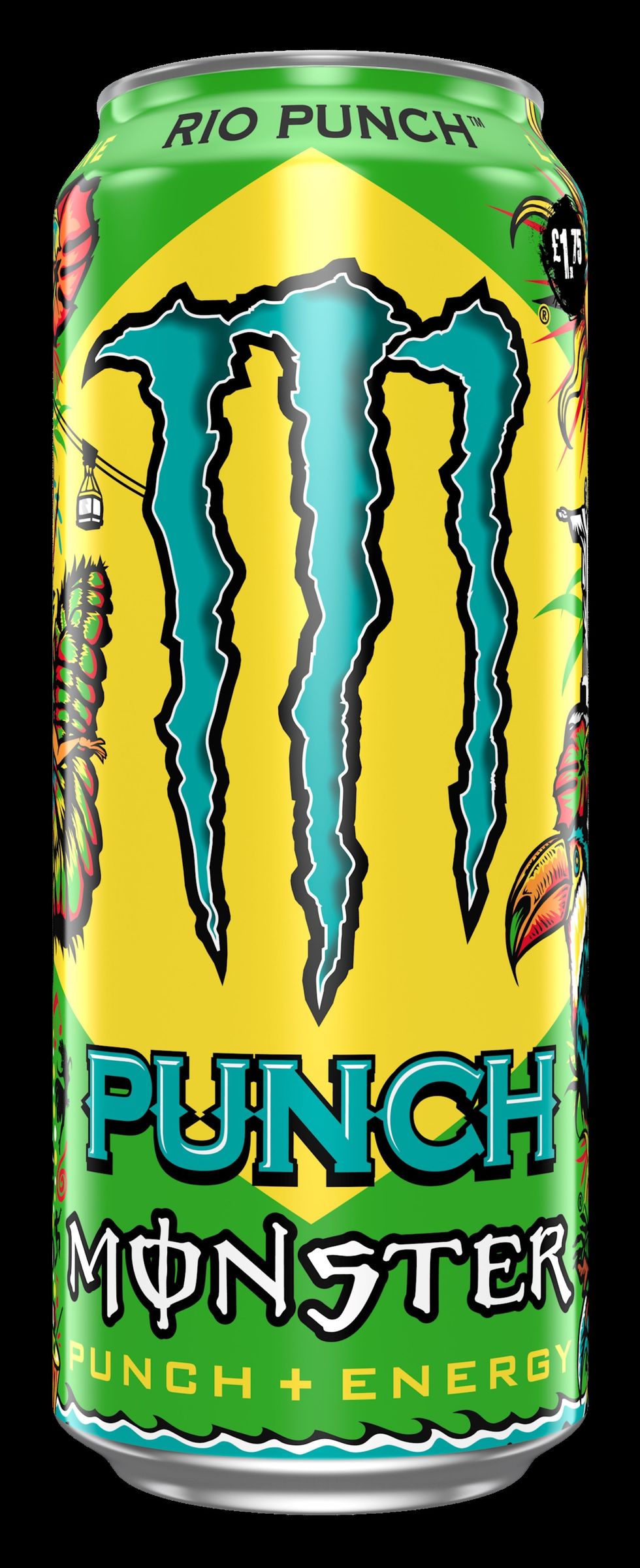 Monster Juiced Rio Punch energy drink can, tropical flavor hit