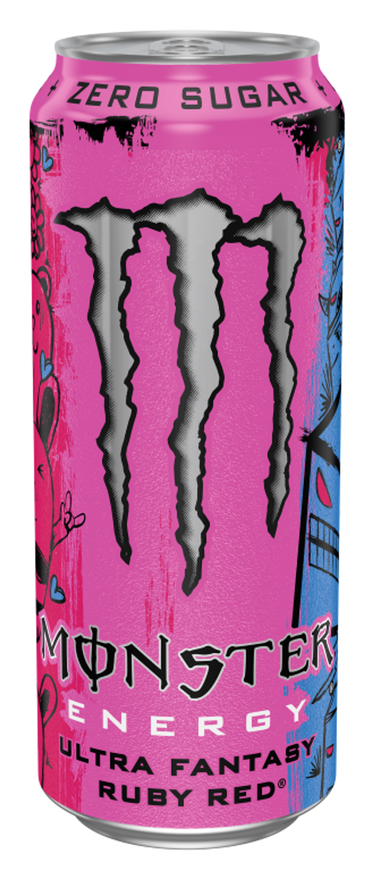 Monster Ultra Fantasy Ruby Red energy drink can in vibrant pink graffiti design