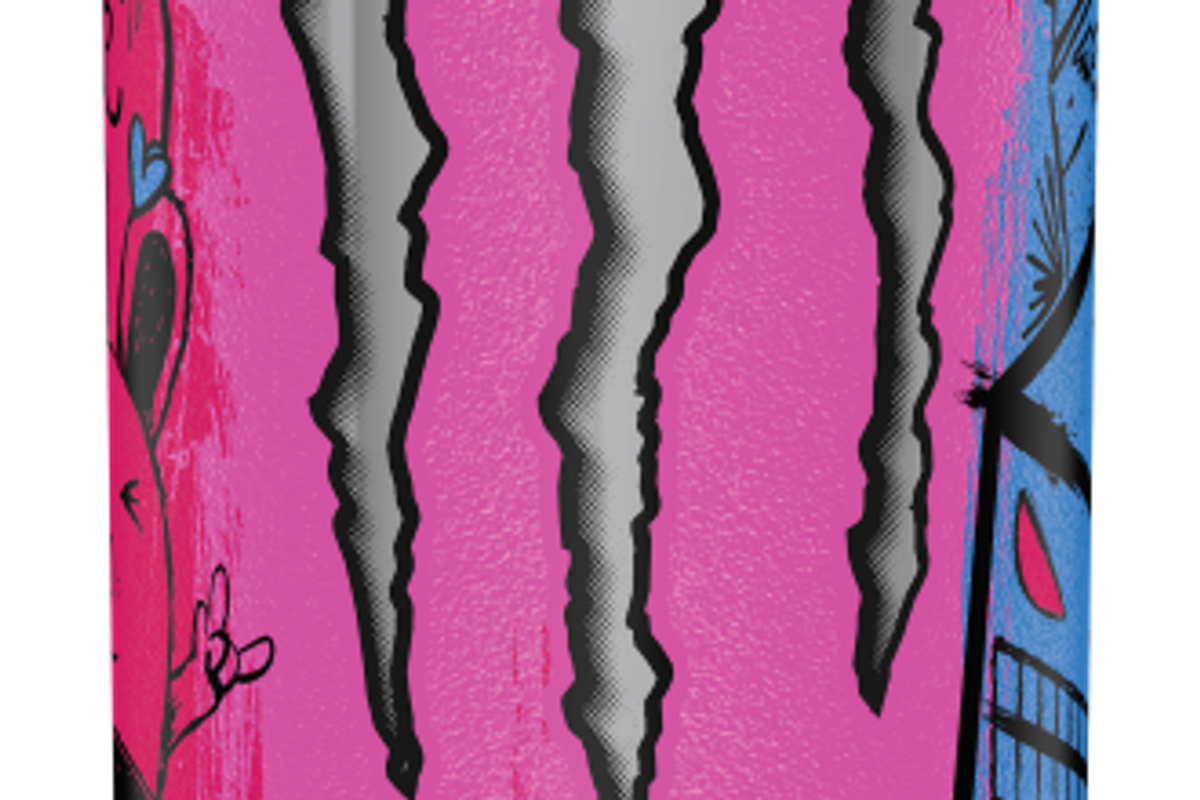 Monster Ultra Fantasy Ruby Red energy drink can in vibrant pink graffiti design