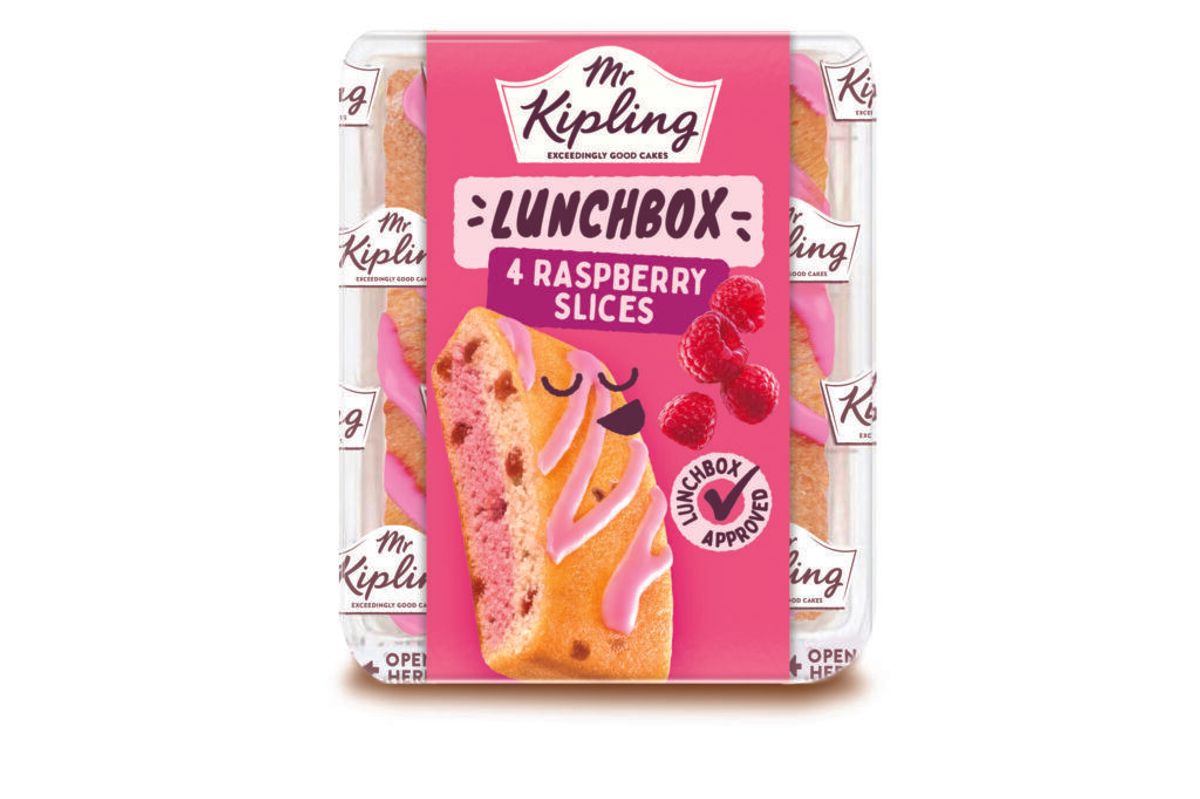 Mr Kipling non-HFSS Lunchbox Slices in raspberry, banana, and chocolate orange flavors