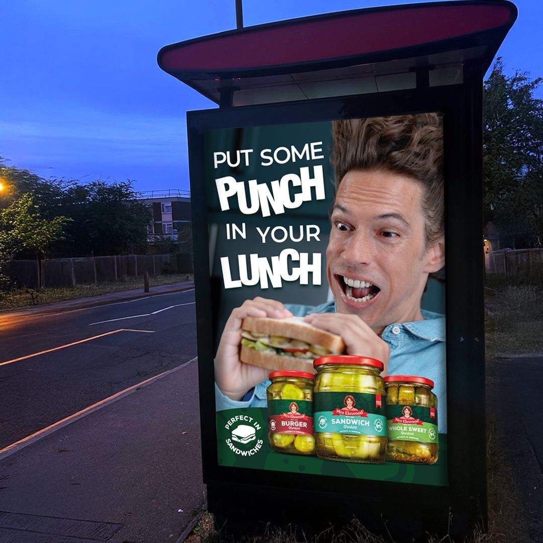 Mrs Elswood gherkin ad at UK bus stop promoting lunch punch