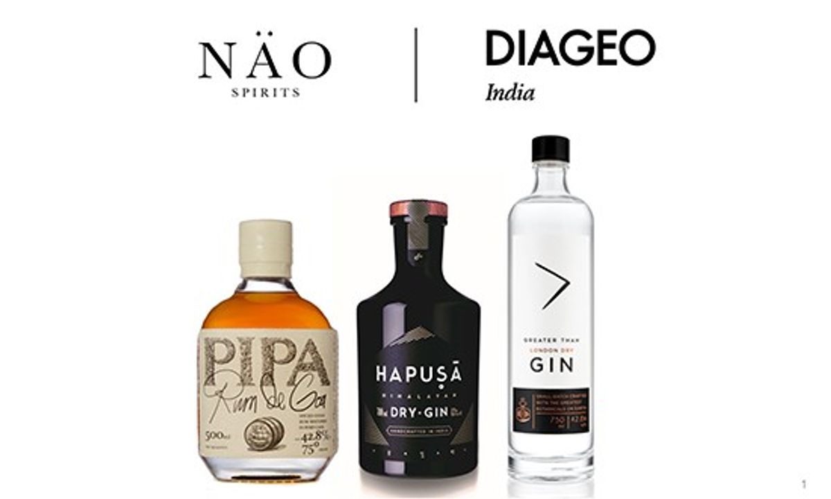 NAO Spirits’ Pipa, Hapusa, and Greater Than bottles with Diageo India partnership logo