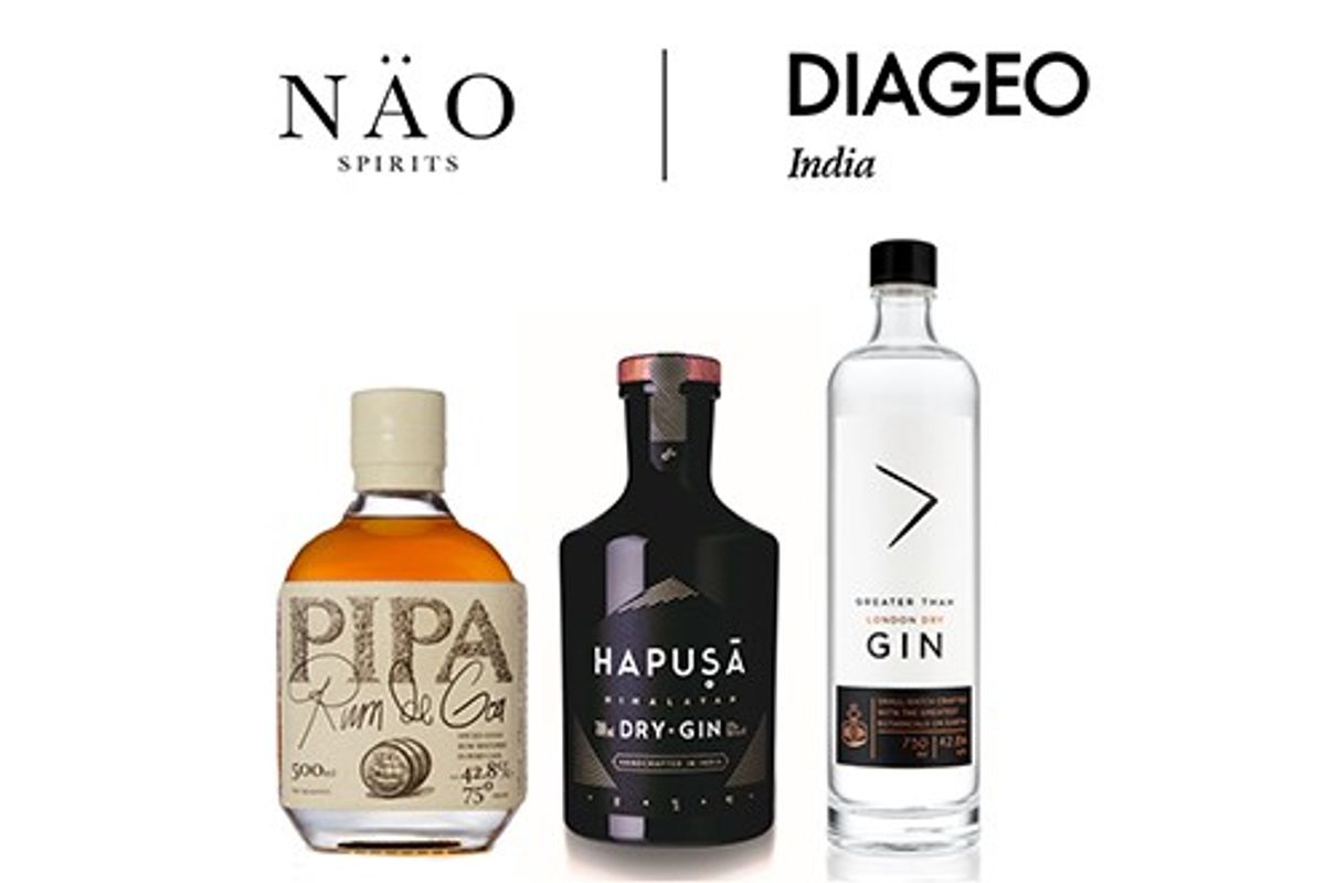 NAO Spirits’ Pipa, Hapusa, and Greater Than bottles with Diageo India partnership logo
