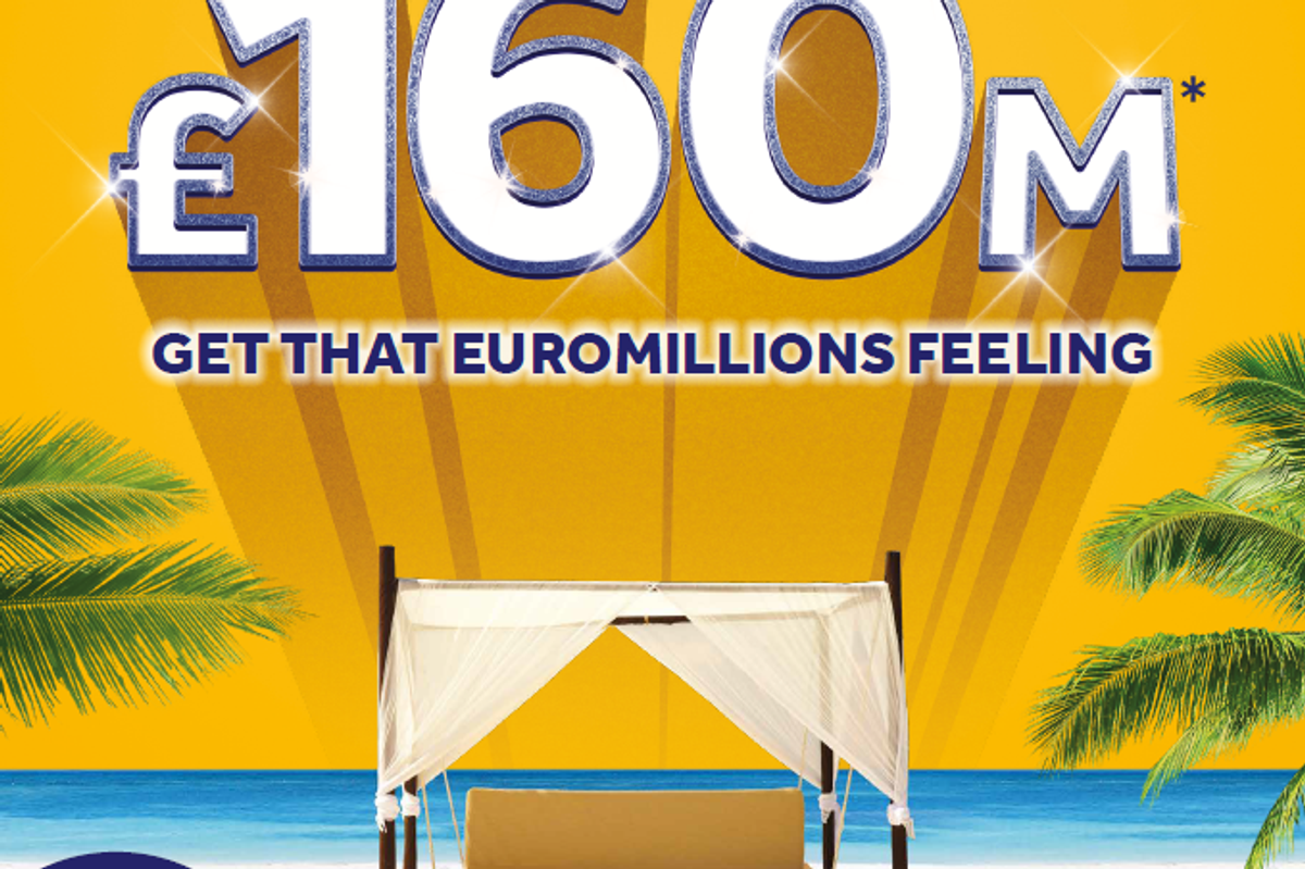 National Lottery retailer displaying £166m EuroMillions poster for March 21, 2025 jackpot draw