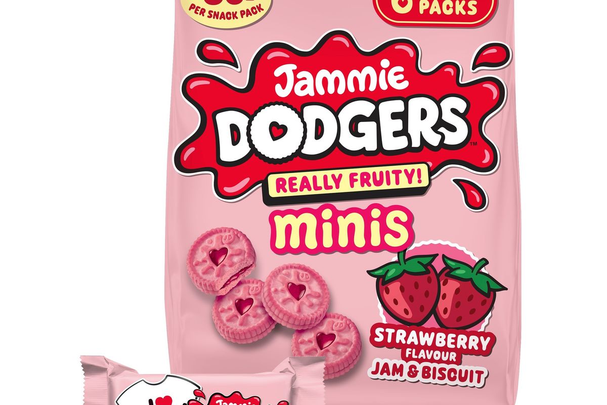 New Jammie Dodgers Really Fruity Minis strawberry biscuits beside Maryland Minis pack