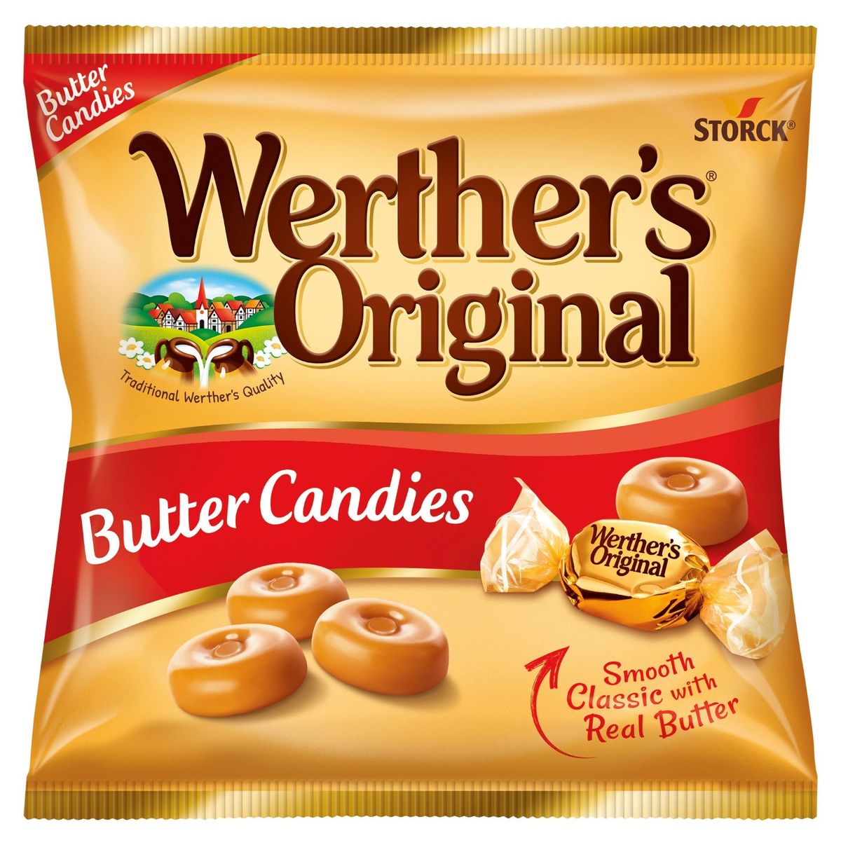New Werther’s Original caramel packaging lineup with vibrant colours on retail shelf